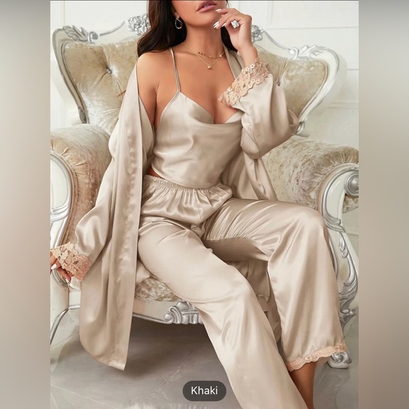 Cream/Khaki 3-piece Sets Silk Satin Cami Top & Pants With Robe Pajama Set - Picture 4 of 8